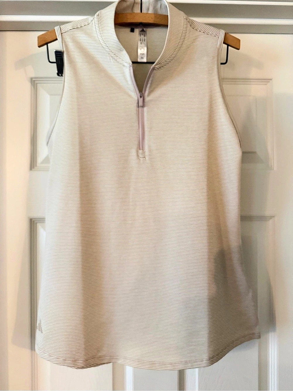 adidas Ultimate365 Stripe Sleeveless Quarter-Zip Polo Beige & White Size